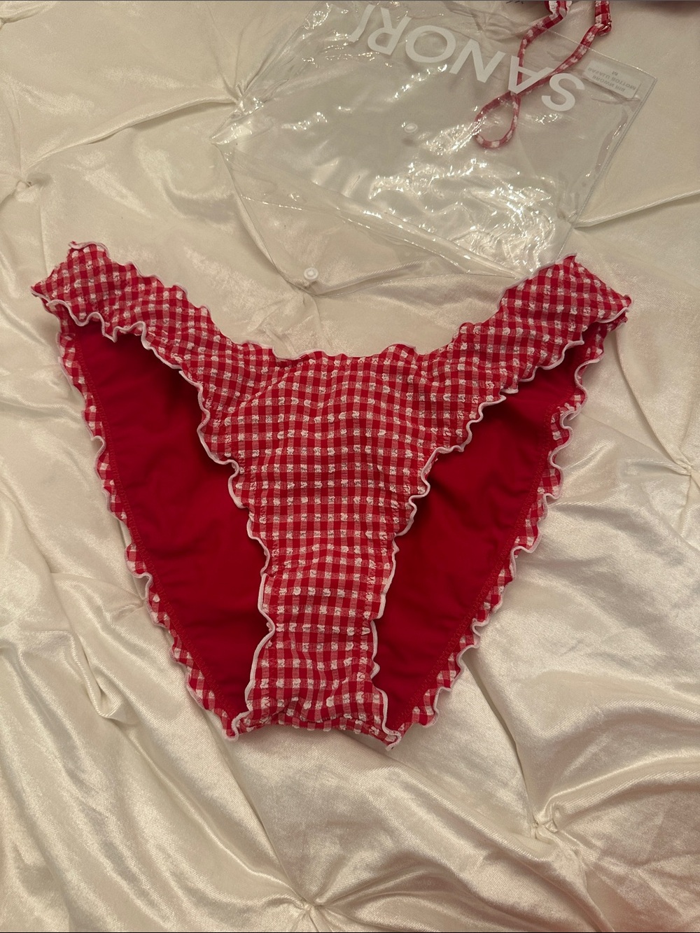 Never worn Red Gingham Ruffle Bikini Bottom - Sanori swim deia bottom